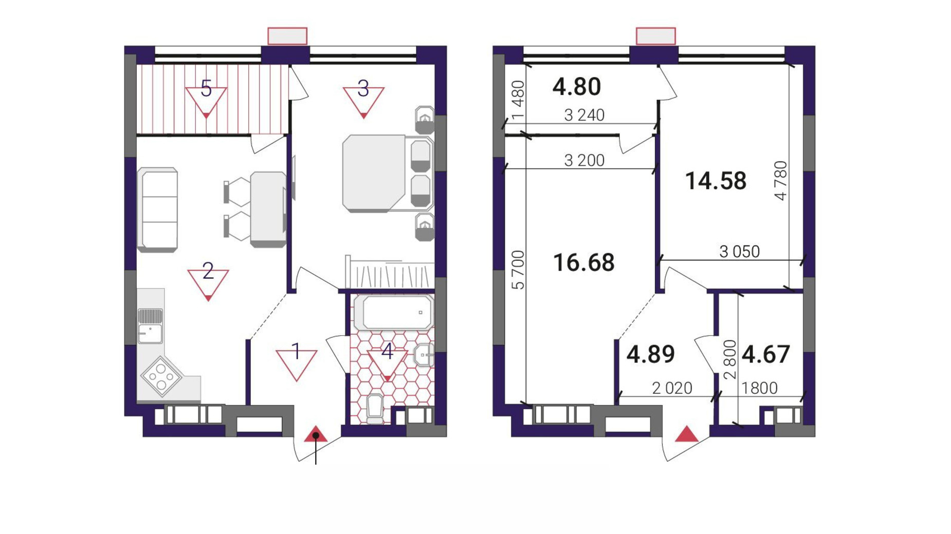 Планування 1-кімнатної квартири в ЖК Great 45.62 м², фото 503778