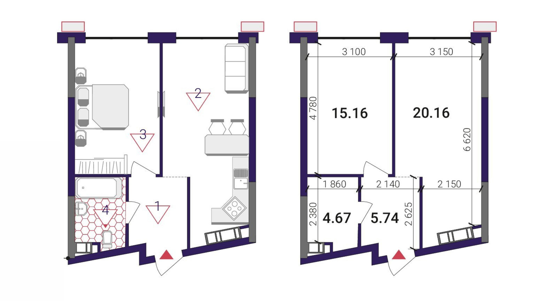 Планування 1-кімнатної квартири в ЖК Great 45.73 м², фото 503779