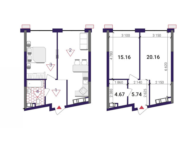 ЖК Great: планування 1-кімнатної квартири 45.73 м²