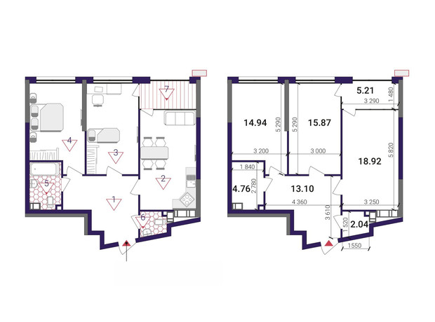 ЖК Great: планировка 2-комнатной квартиры 74.84 м²