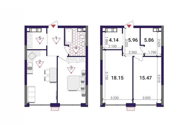 ЖК Great: планування 1-кімнатної квартири 49.58 м²
