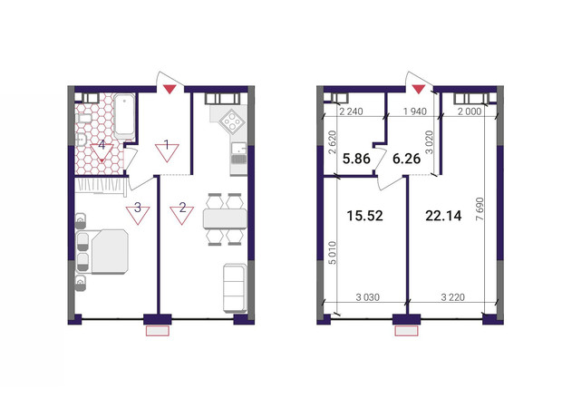ЖК Great: планування 1-кімнатної квартири 49.78 м²