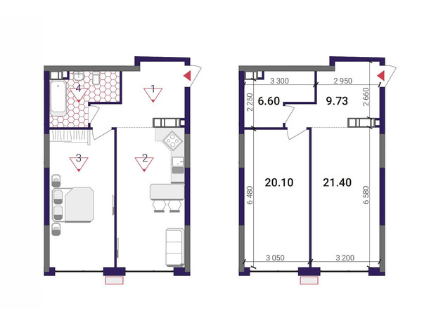 ЖК Great: планування 1-кімнатної квартири 57.83 м²