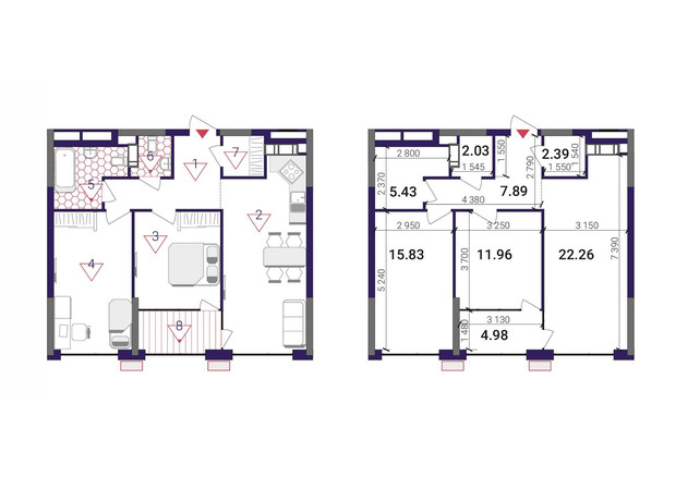 ЖК Great: планировка 2-комнатной квартиры 72.77 м²