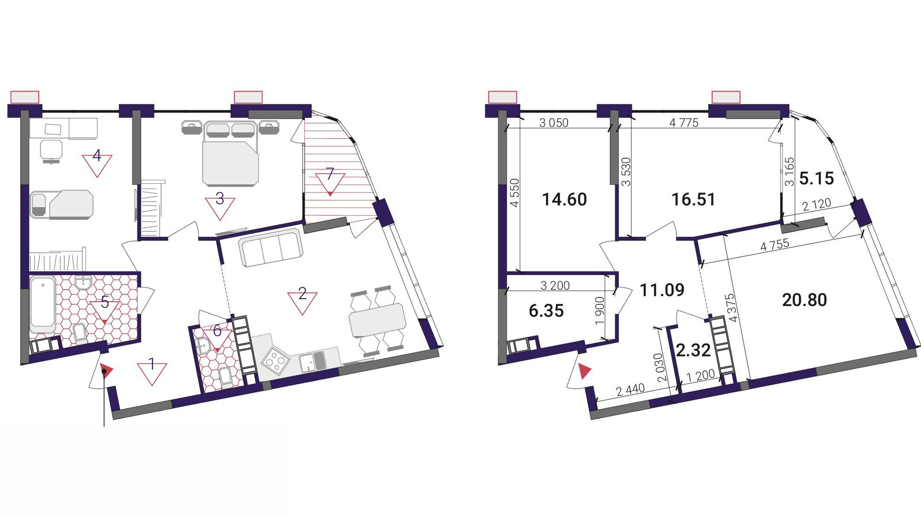 Планировка 2-комнатной квартиры в ЖК Great 77.57 м², фото 503797