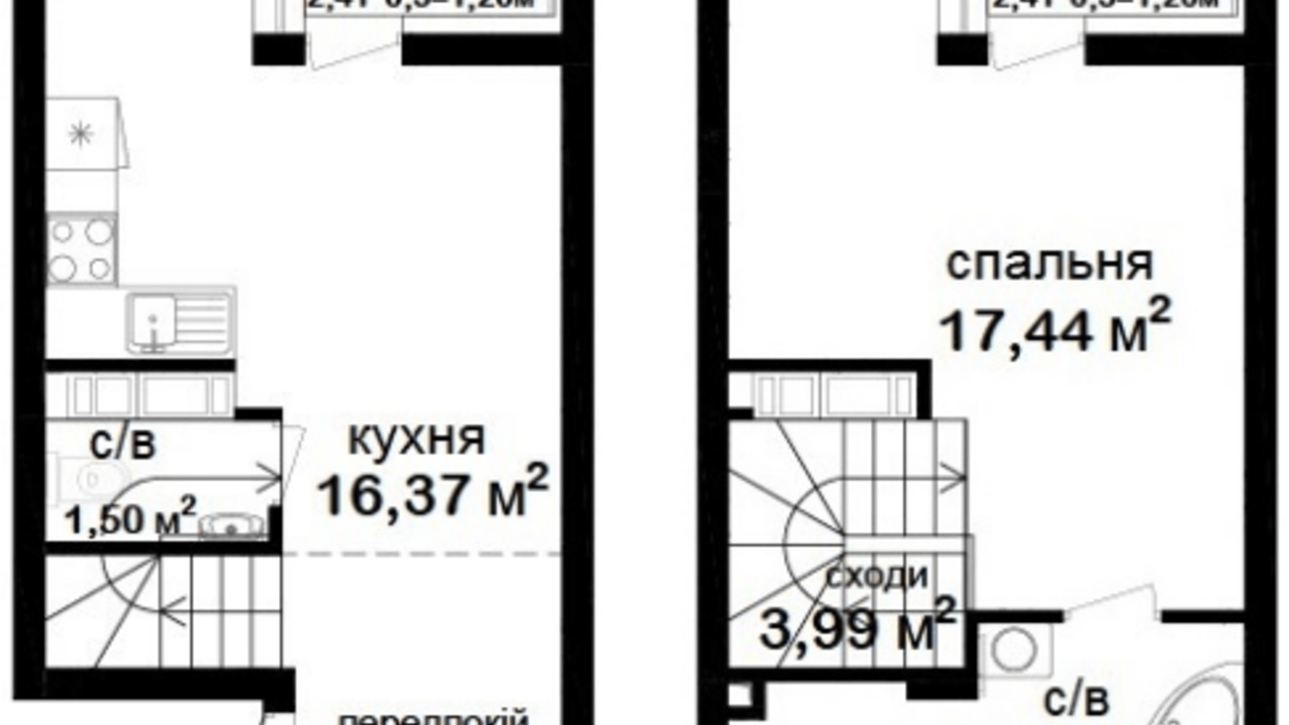 Планировка много­уровневой квартиры в ЖК Феофания City 52.99 м², фото 505090