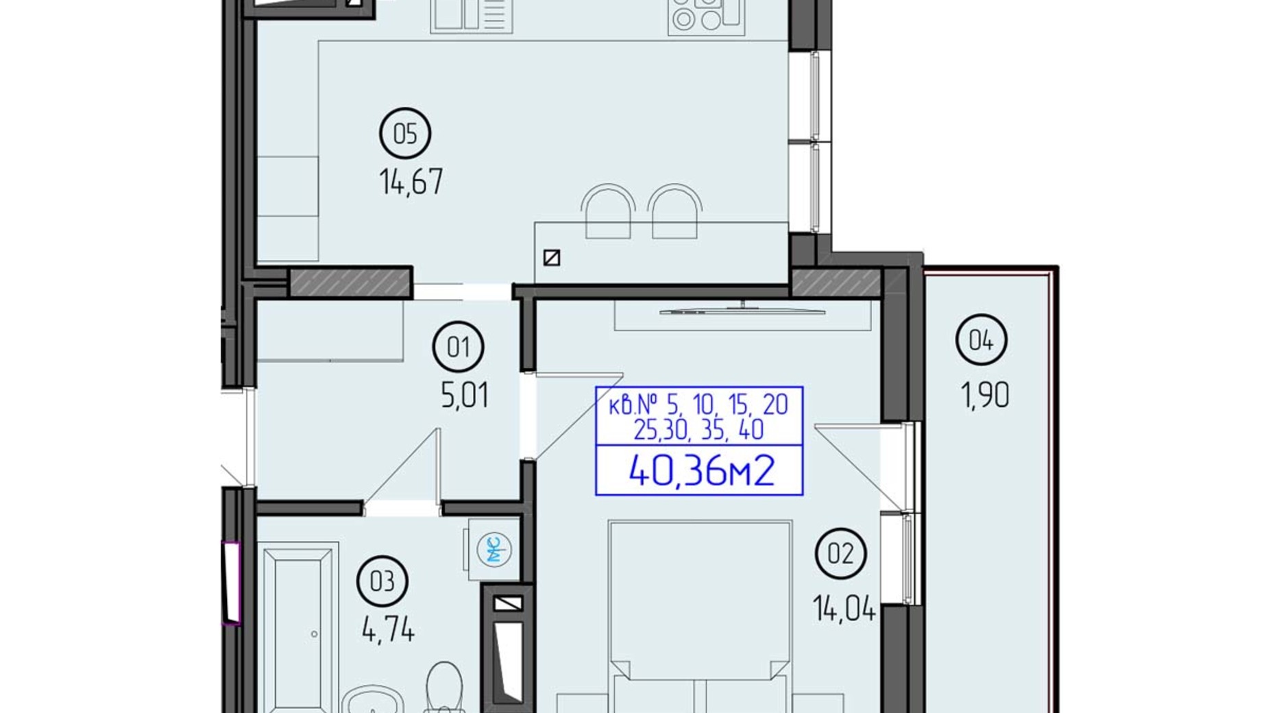 Планування 1-кімнатної квартири в ЖК Будапешт 2 40.36 м², фото 505294