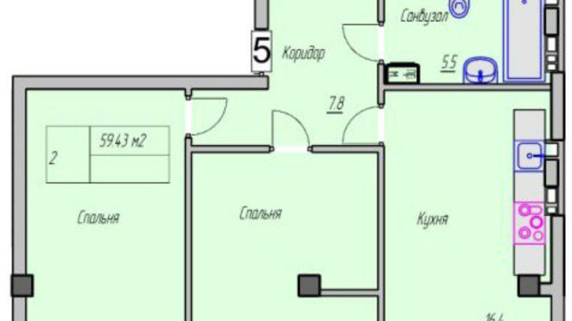 Планировка 2-комнатной квартиры в Клубный дом Васильченко 61 м², фото 505371