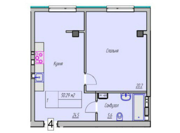 Клубный дом Васильченко: планировка 1-комнатной квартиры 51 м²