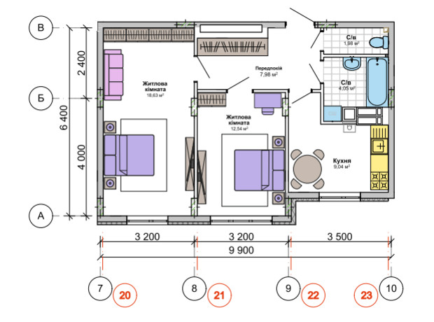 ЖК Orange Park: планування 2-кімнатної квартири 54.22 м²