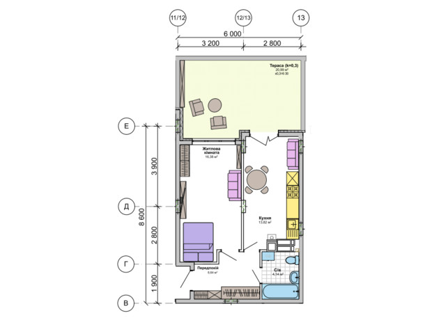 ЖК Orange Park: планування 1-кімнатної квартири 47.28 м²
