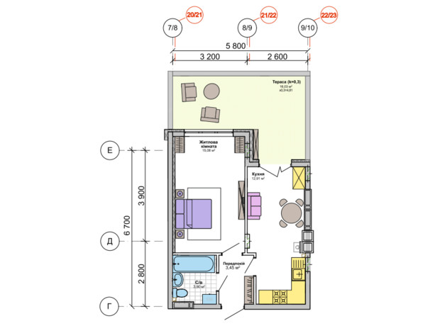 ЖК Orange Park: планировка 1-комнатной квартиры 40.15 м²