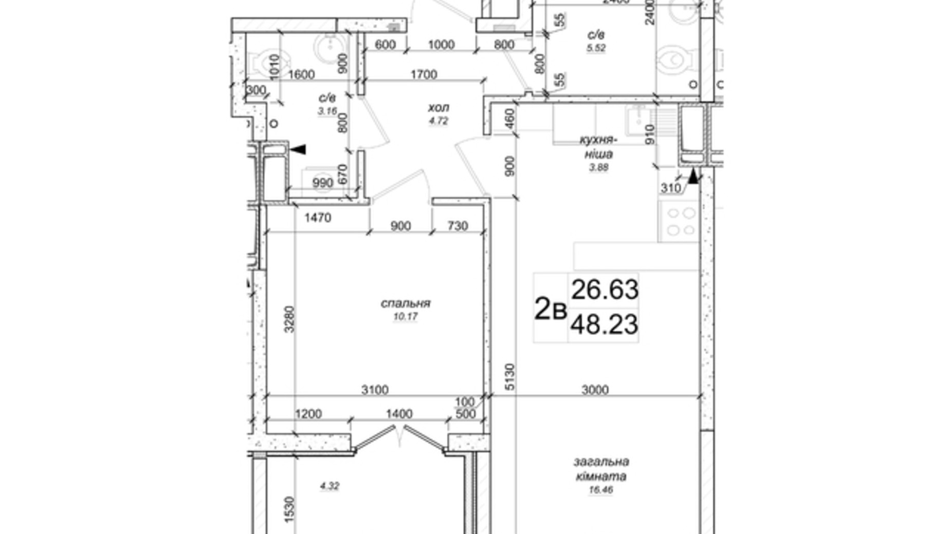 Планировка 2-комнатной квартиры в ЖК на Озерной 48.23 м², фото 505426
