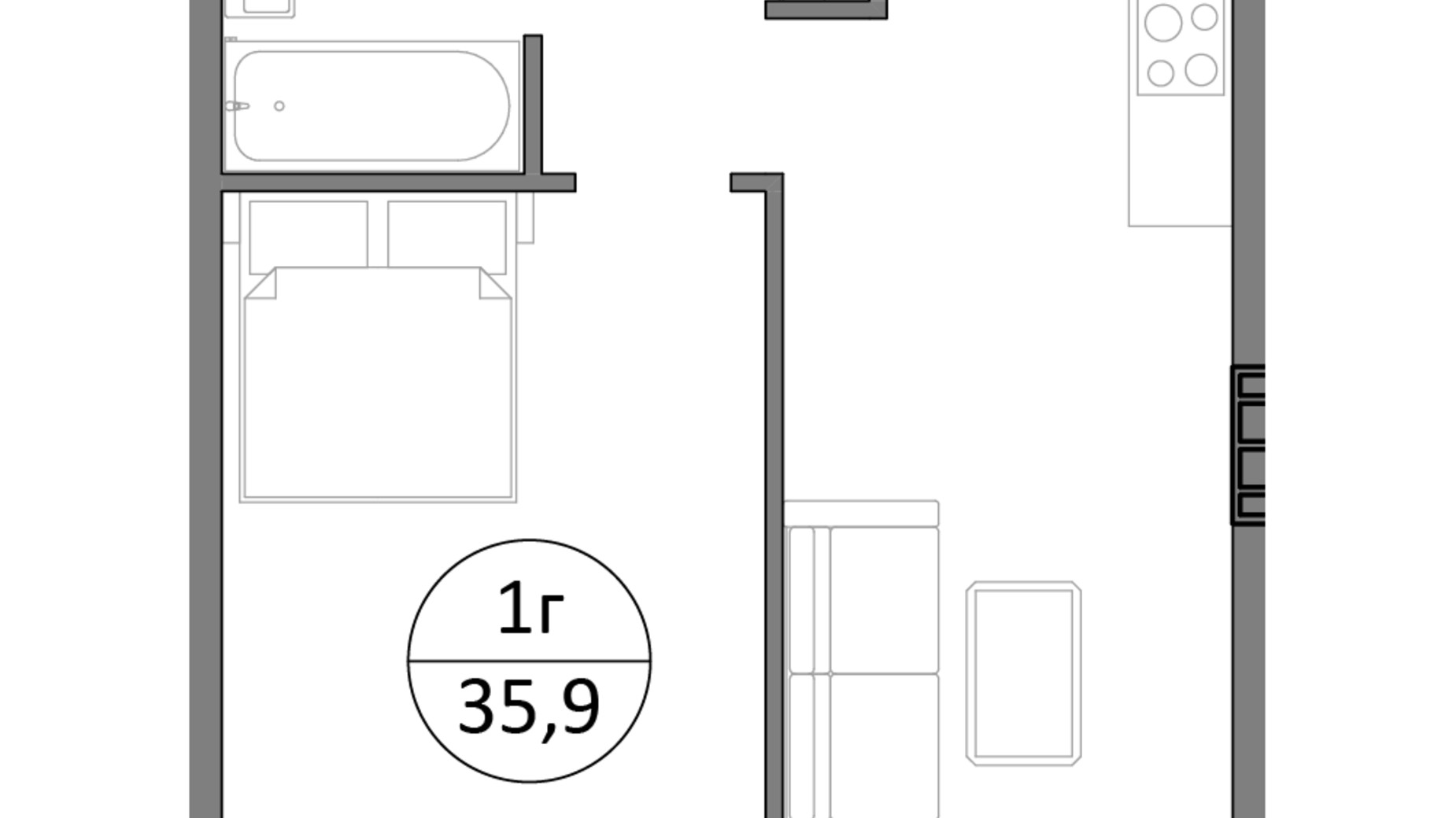 Планировка 1-комнатной квартиры в ЖК Гринвуд-3 35.9 м², фото 506025