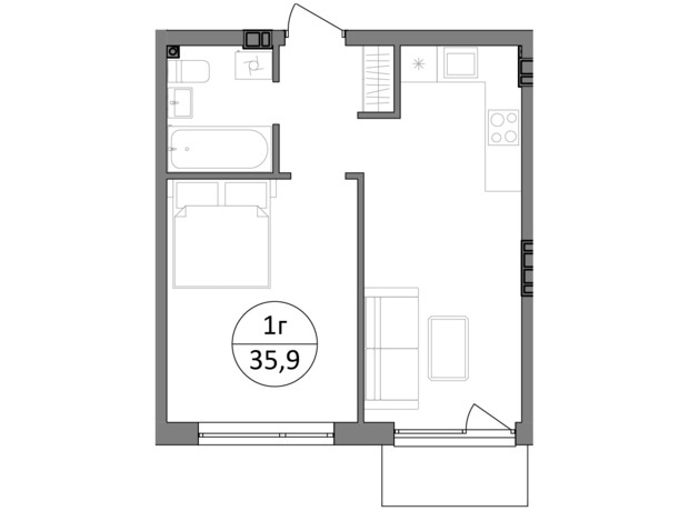 ЖК Гринвуд-3: планировка 1-комнатной квартиры 35.9 м²