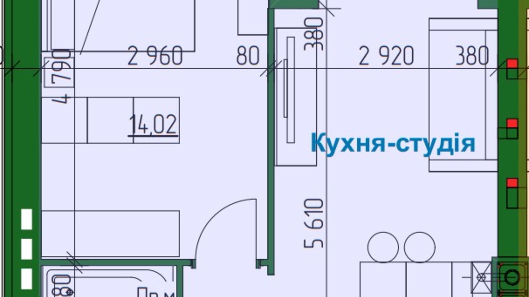 Планировка 1-комнатной квартиры в ЖК в Лесной Буче 52.03 м², фото 506058