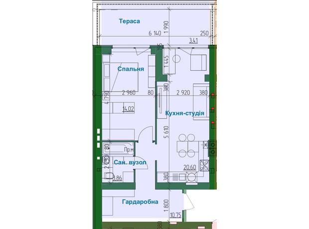 ЖК в Лісовій Бучі: планування 1-кімнатної квартири 52.03 м²