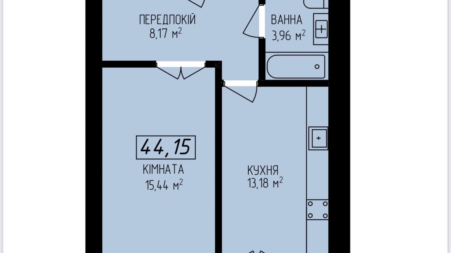 Планування апартаментів в Апарт-комплекс Platinum Apartments 44.15 м², фото 506064