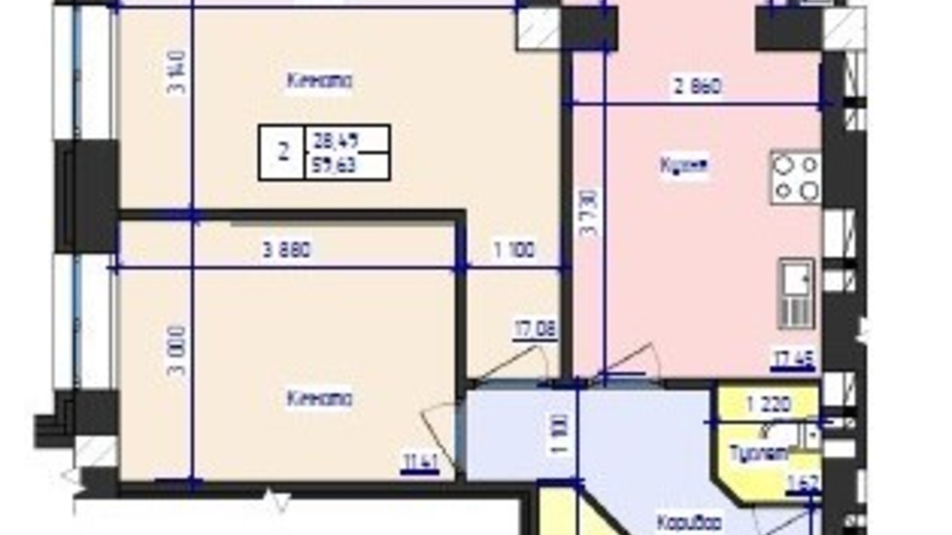 Планування 2-кімнатної квартири в ЖК Кришталеве Озеро 61.8 м², фото 506073