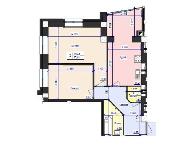 ЖК Кришталеве Озеро: планування 2-кімнатної квартири 61.8 м²