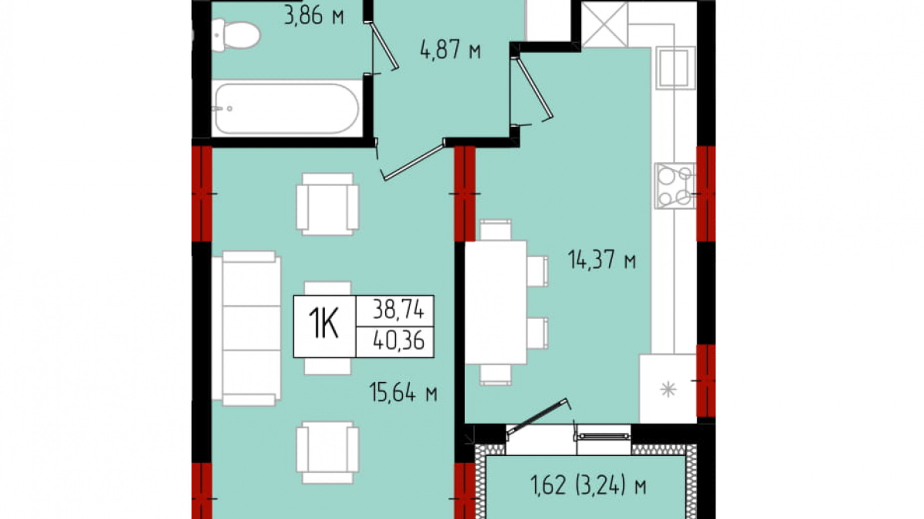 Планировка 1-комнатной квартиры в ЖК Kvartal 40.36 м², фото 506076