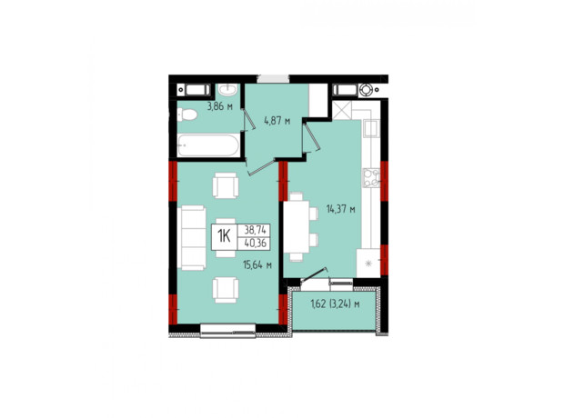 ЖК Квартал №5: планування 1-кімнатної квартири 40.36 м²