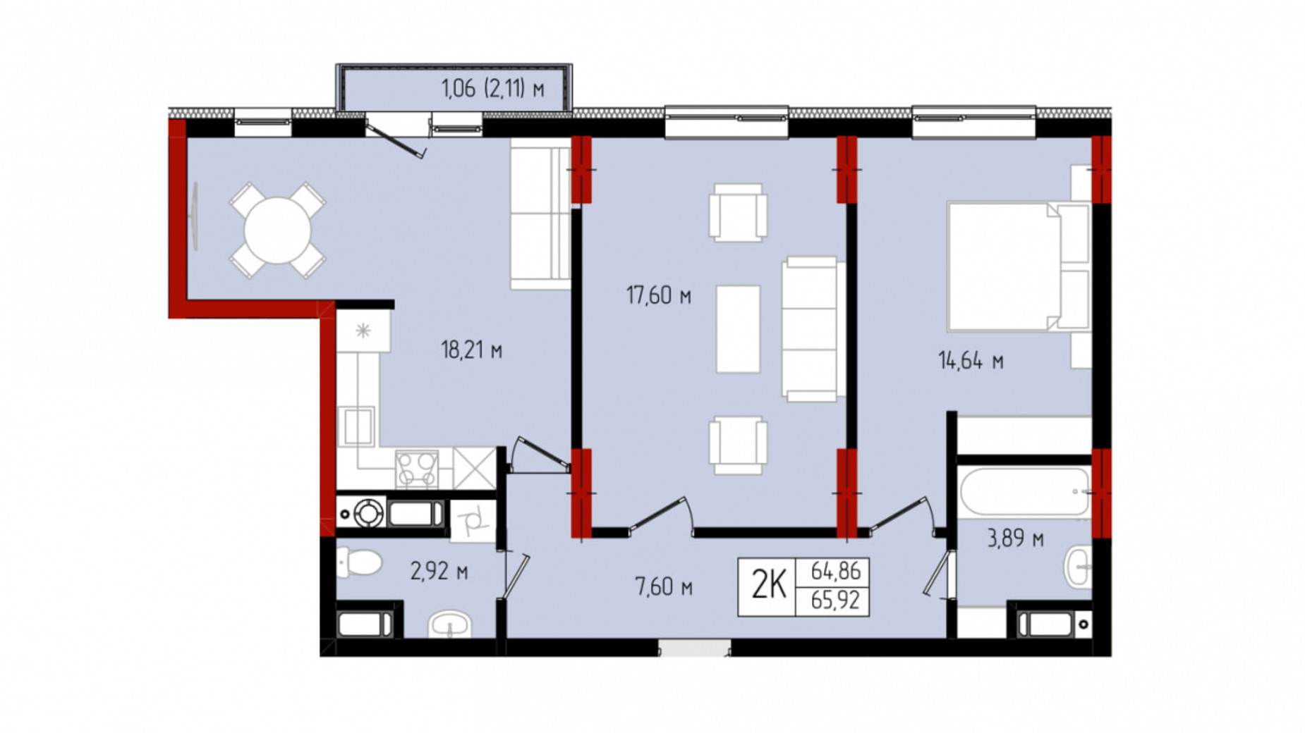 Планировка 2-комнатной квартиры в ЖК Квартал №5 65.92 м², фото 506077