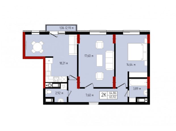 ЖК Квартал №5: планування 2-кімнатної квартири 65.92 м²