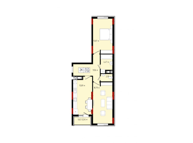 ЖК Квартал №5: планировка 2-комнатной квартиры 67.88 м²