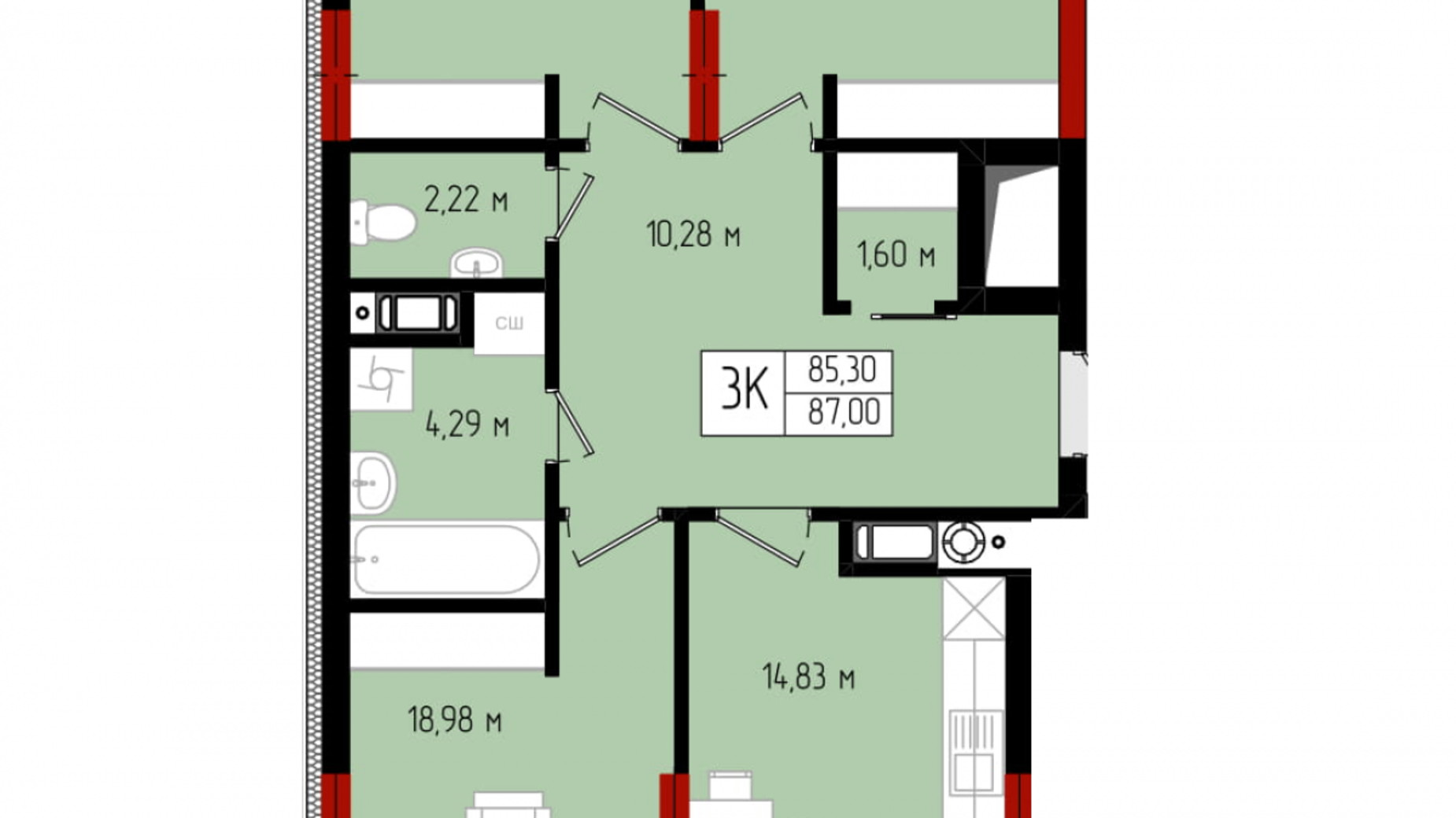 Планировка 3-комнатной квартиры в ЖК Квартал №5 87 м², фото 506079