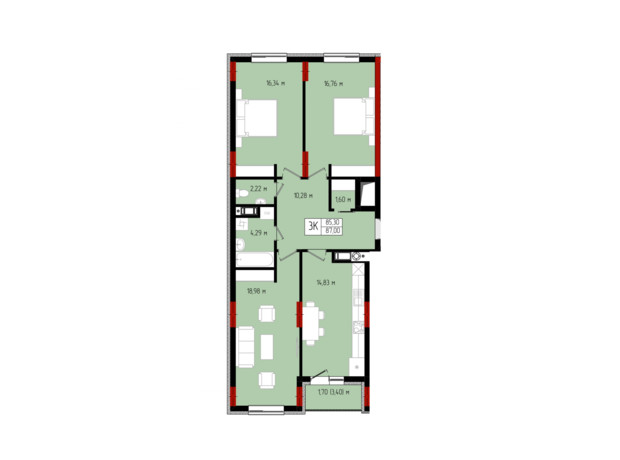 ЖК Квартал №5: планування 3-кімнатної квартири 87 м²