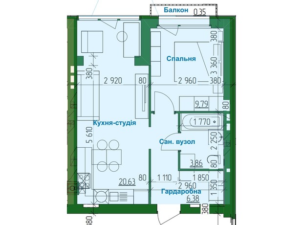 ЖК в Лісовій Бучі: планування 1-кімнатної квартири 41.01 м²