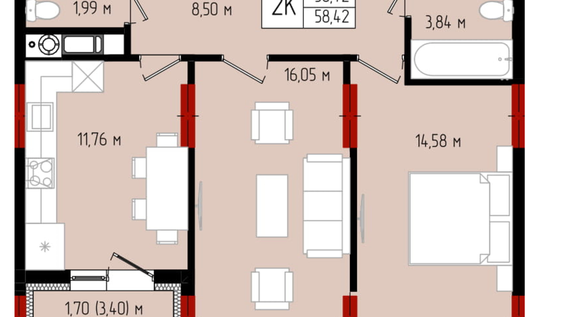 Планування 2-кімнатної квартири в ЖК Квартал №5 58.42 м², фото 506082