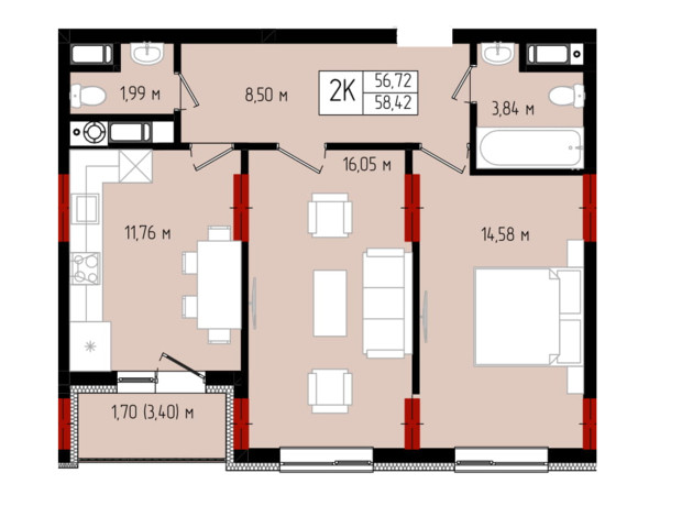 ЖК Квартал №5: планування 2-кімнатної квартири 58.42 м²