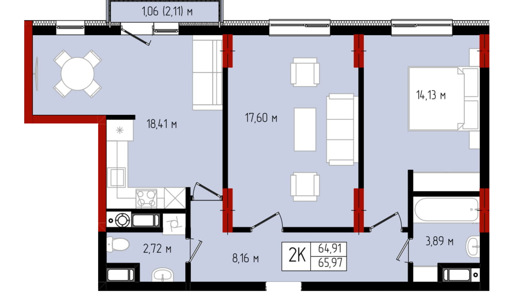 Планировка 2-комнатной квартиры в ЖК Квартал №5 65.97 м², фото 506083