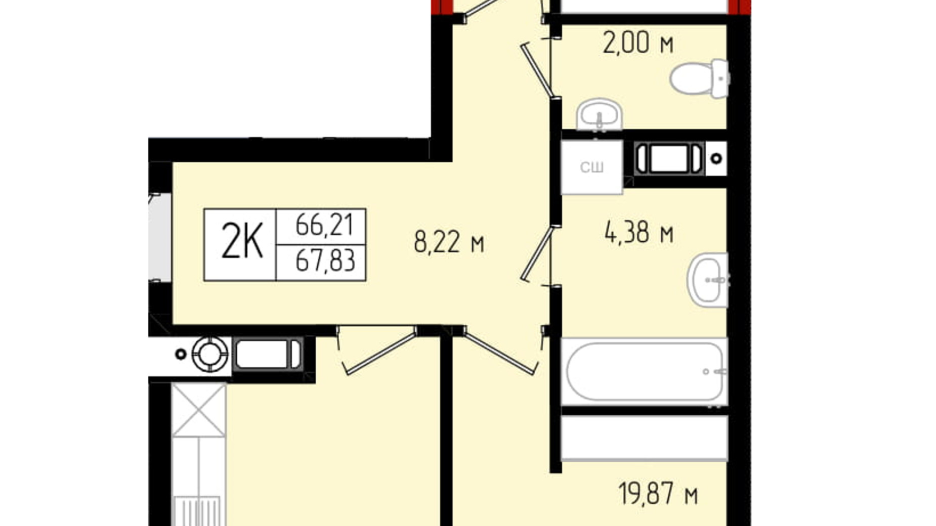 Планування 2-кімнатної квартири в ЖК Квартал №5 67.83 м², фото 506084