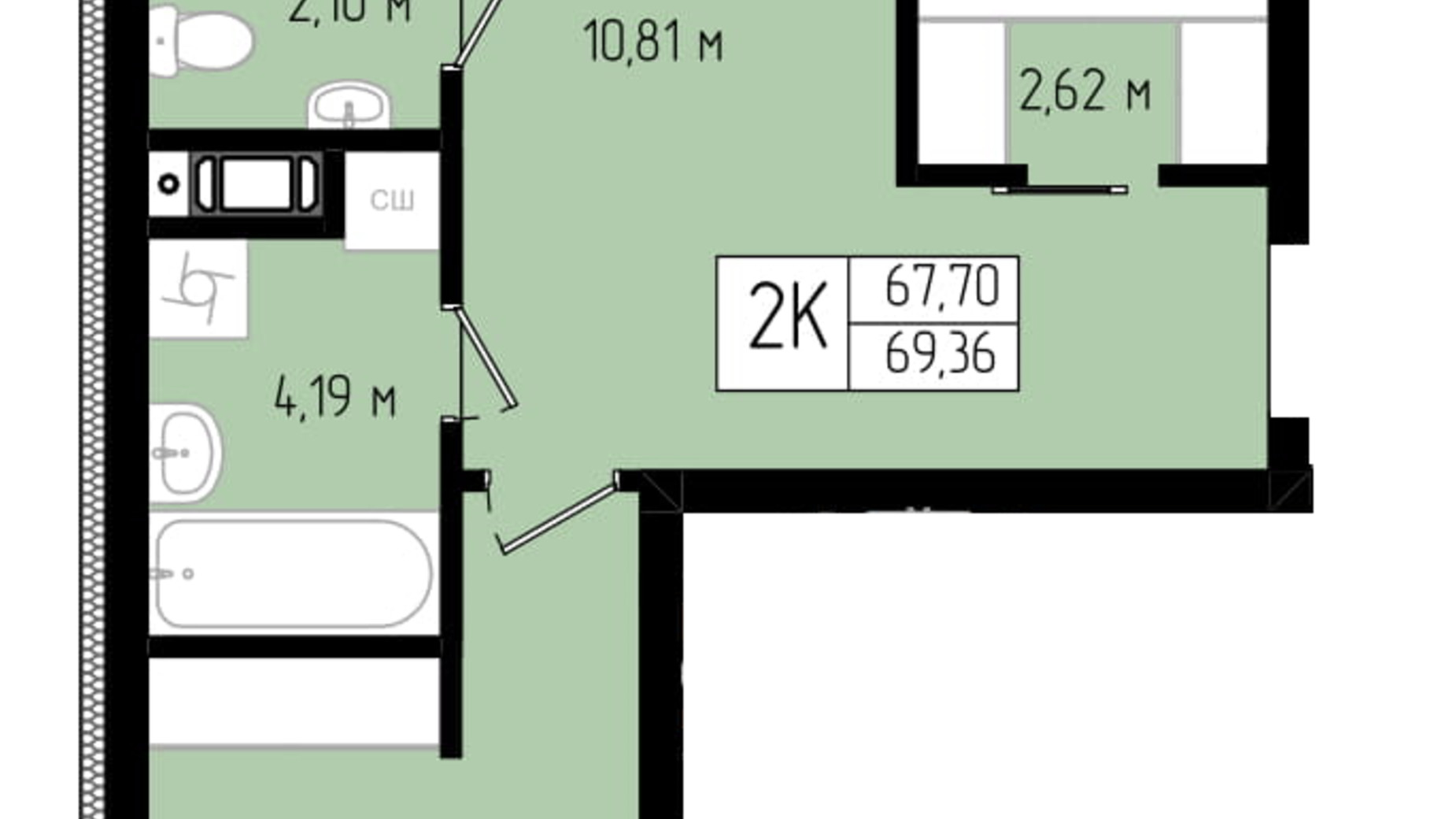 Планування 2-кімнатної квартири в ЖК Квартал №5 69.36 м², фото 506085