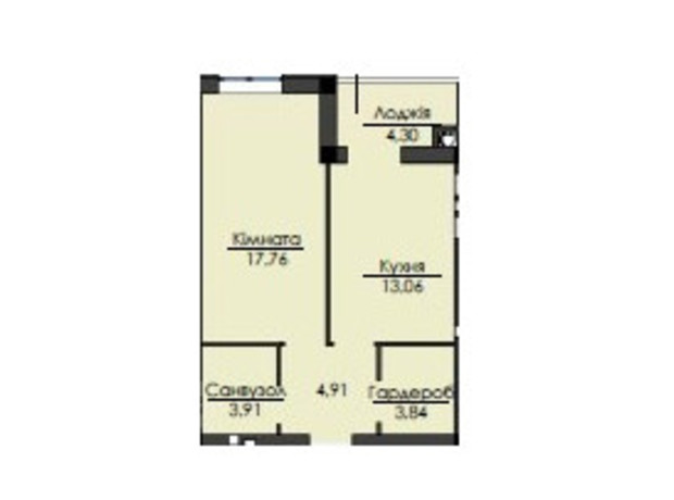 ЖК Кришталеве Озеро: планування 1-кімнатної квартири 46.94 м²