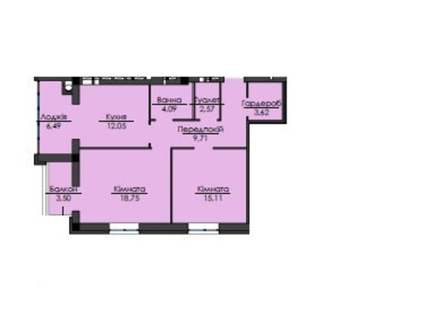 ЖК Кришталеве Озеро: планування 2-кімнатної квартири 74.39 м²
