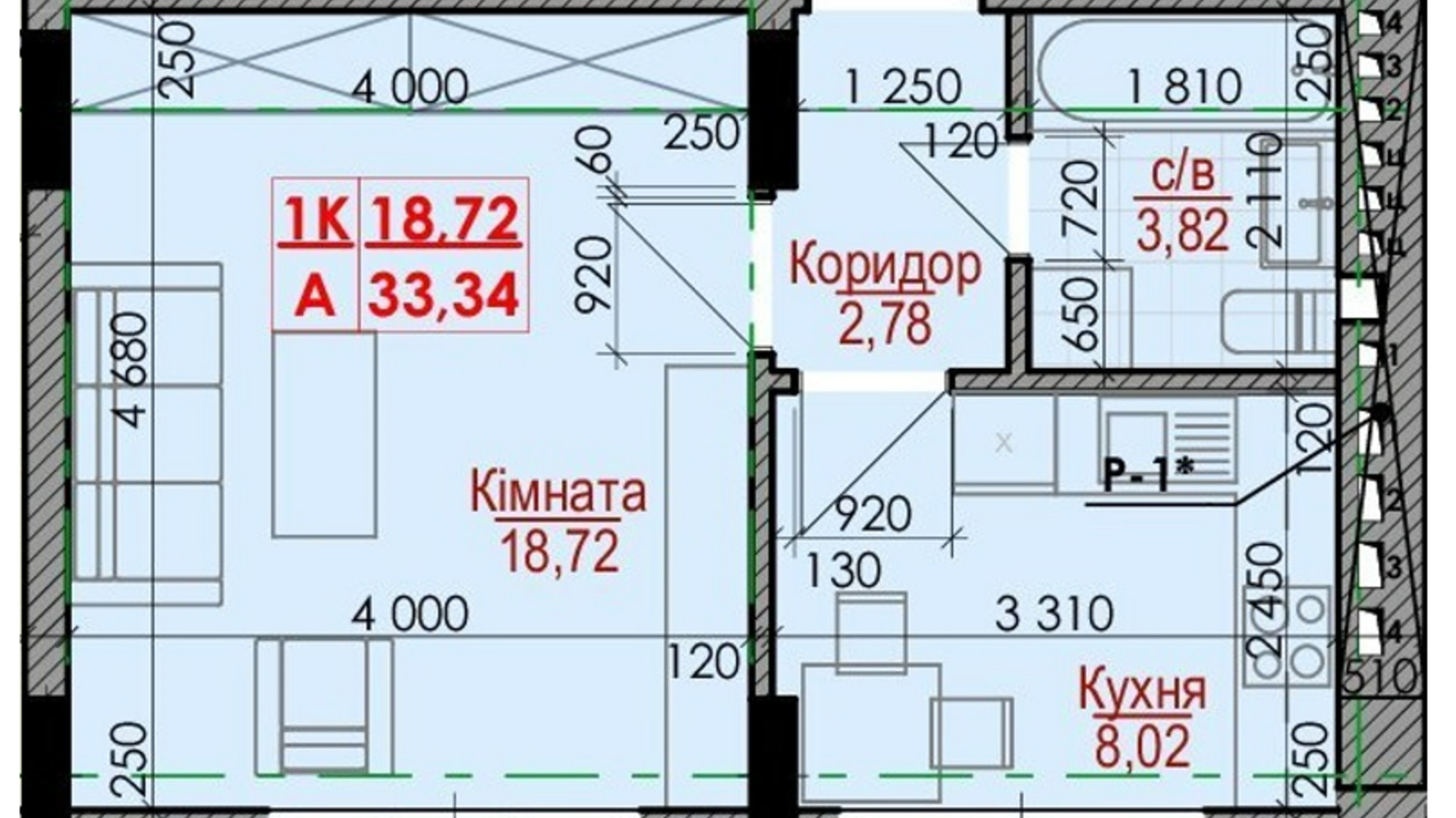 Планування 1-кімнатної квартири в ЖК Цитадель-1 33.34 м², фото 506125