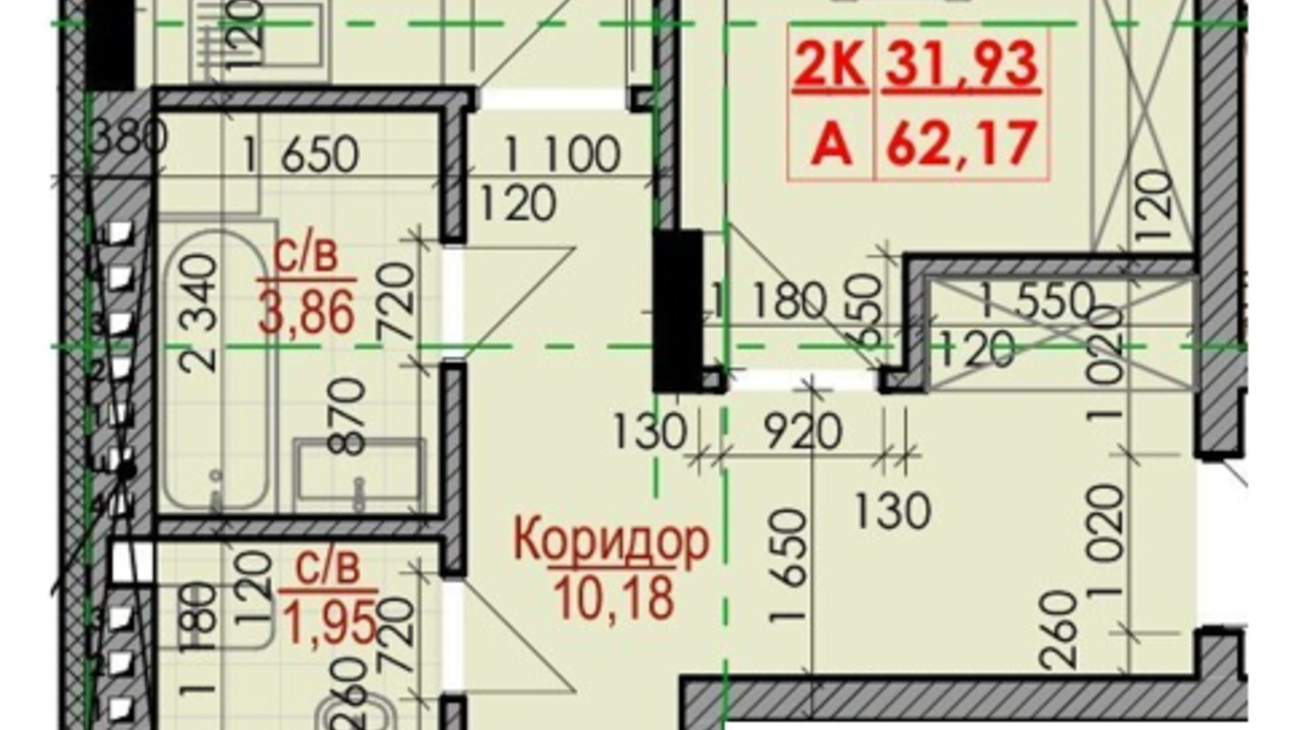 Планування 2-кімнатної квартири в ЖК Цитадель-1 62.17 м², фото 506126