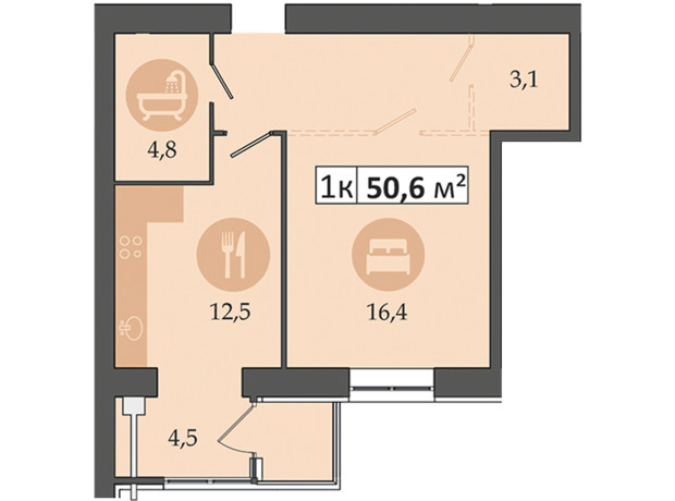 ЖК Дніпровська Брама 2: планування 1-кімнатної квартири 50.6 м²