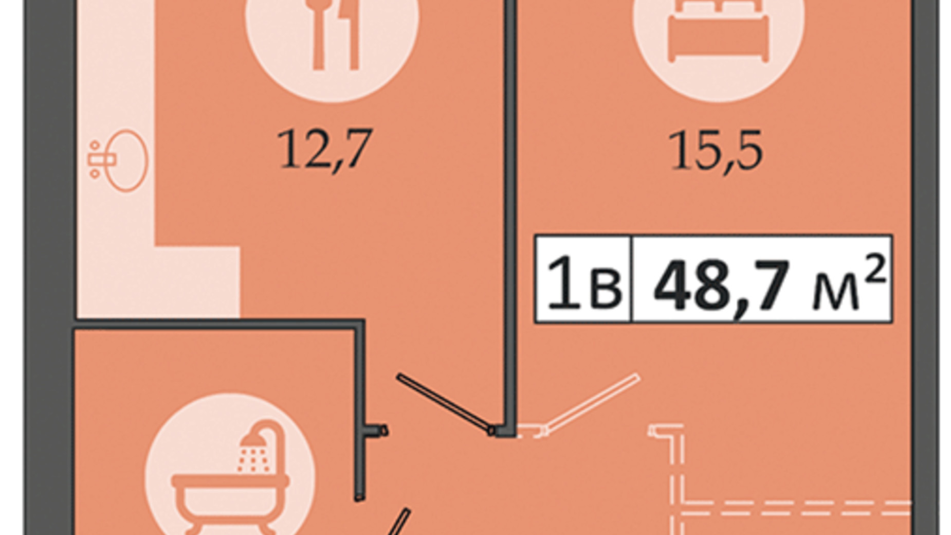 Планування 1-кімнатної квартири в ЖК Дніпровська Брама 2 48.7 м², фото 506328