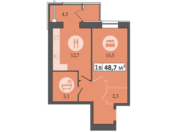 ЖК Дніпровська Брама 2: планування 1-кімнатної квартири 48.7 м²