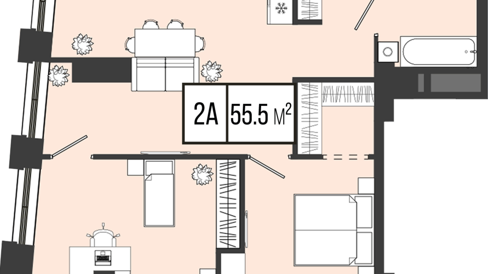Планування 2-кімнатної квартири в ЖК Mont Blan 55.5 м², фото 506349