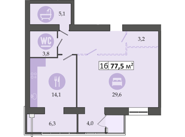 ЖК Дніпровська Брама 2: планування 1-кімнатної квартири 77.5 м²