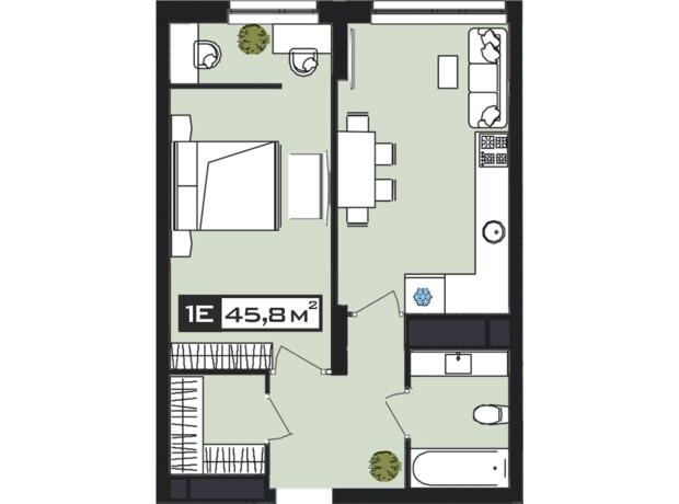 ЖК PEYOT: планування 1-кімнатної квартири 45.8 м²