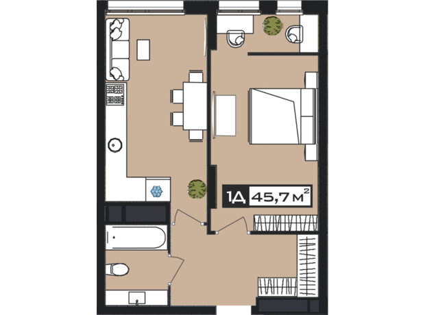 ЖК PEYOT: планування 1-кімнатної квартири 45.7 м²
