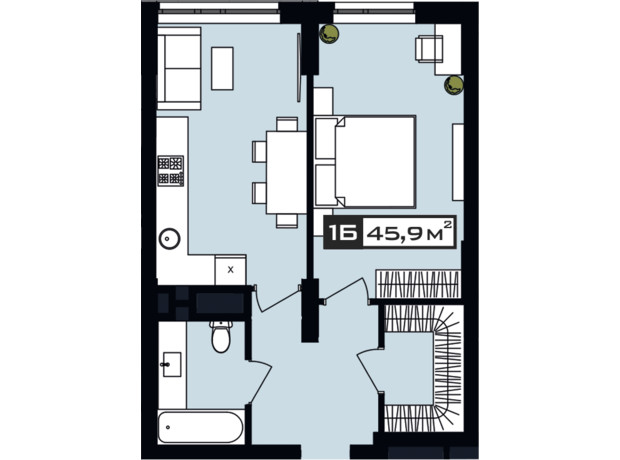 ЖК Peyot: планування 1-кімнатної квартири 45.9 м²