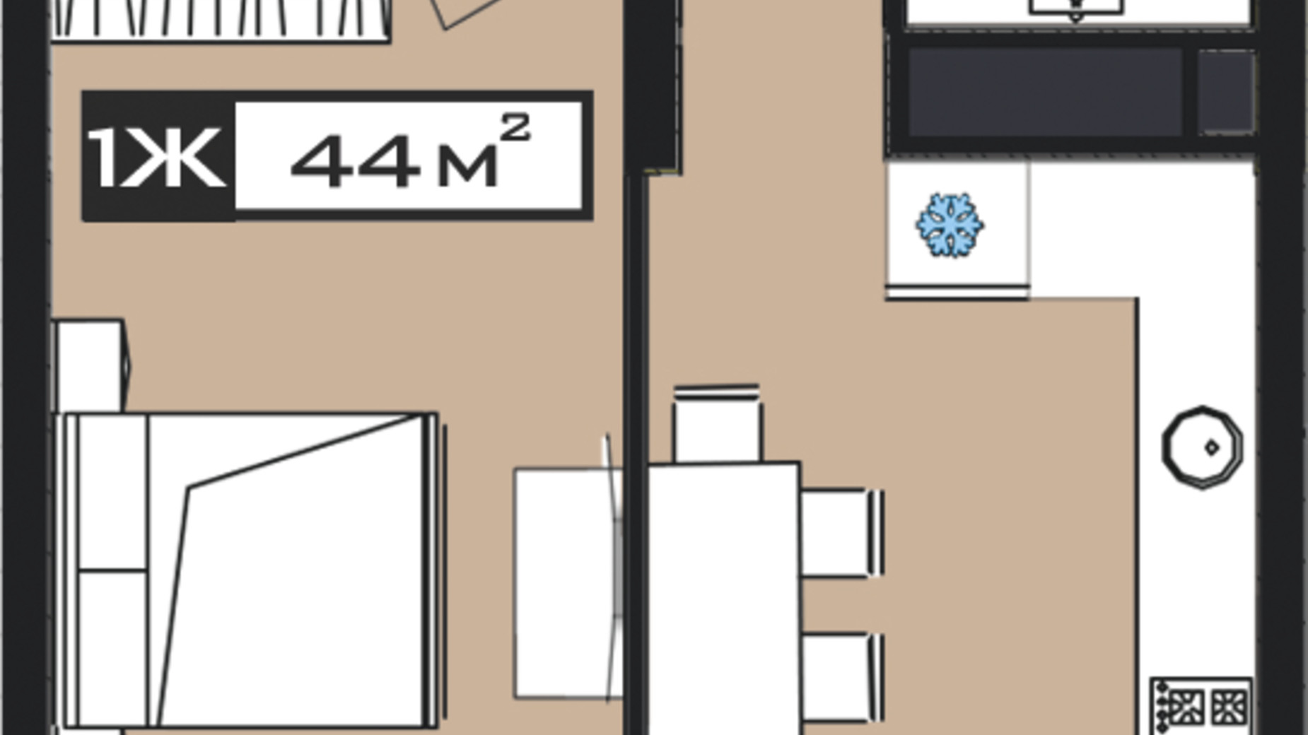Планировка 1-комнатной квартиры в ЖК Peyot 44 м², фото 506408